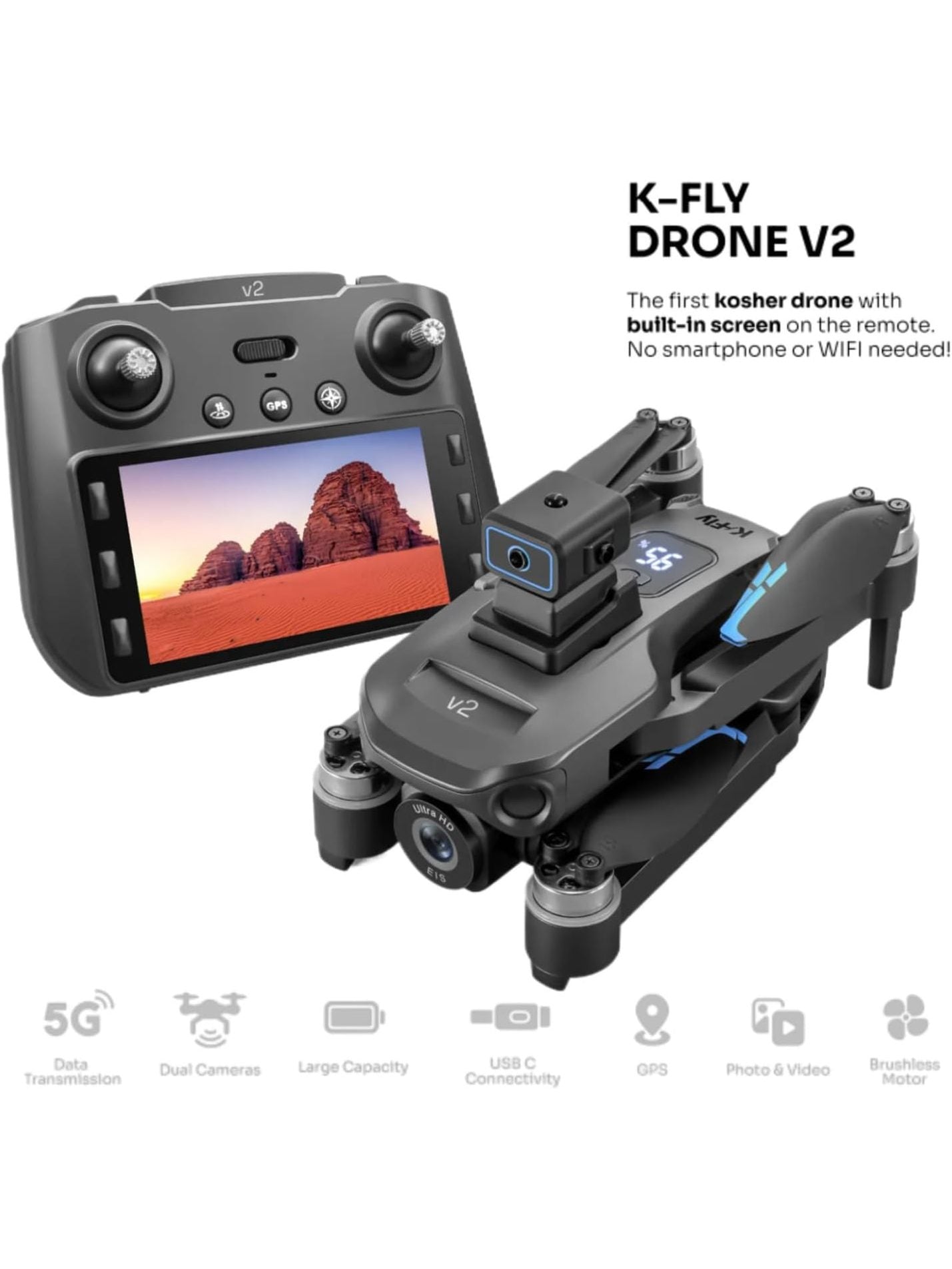 K-Fly Kosher Drone V2 - Dual Camera with Built-in Screen and Long Range Flight (No Smartphone or WiFi Needed)