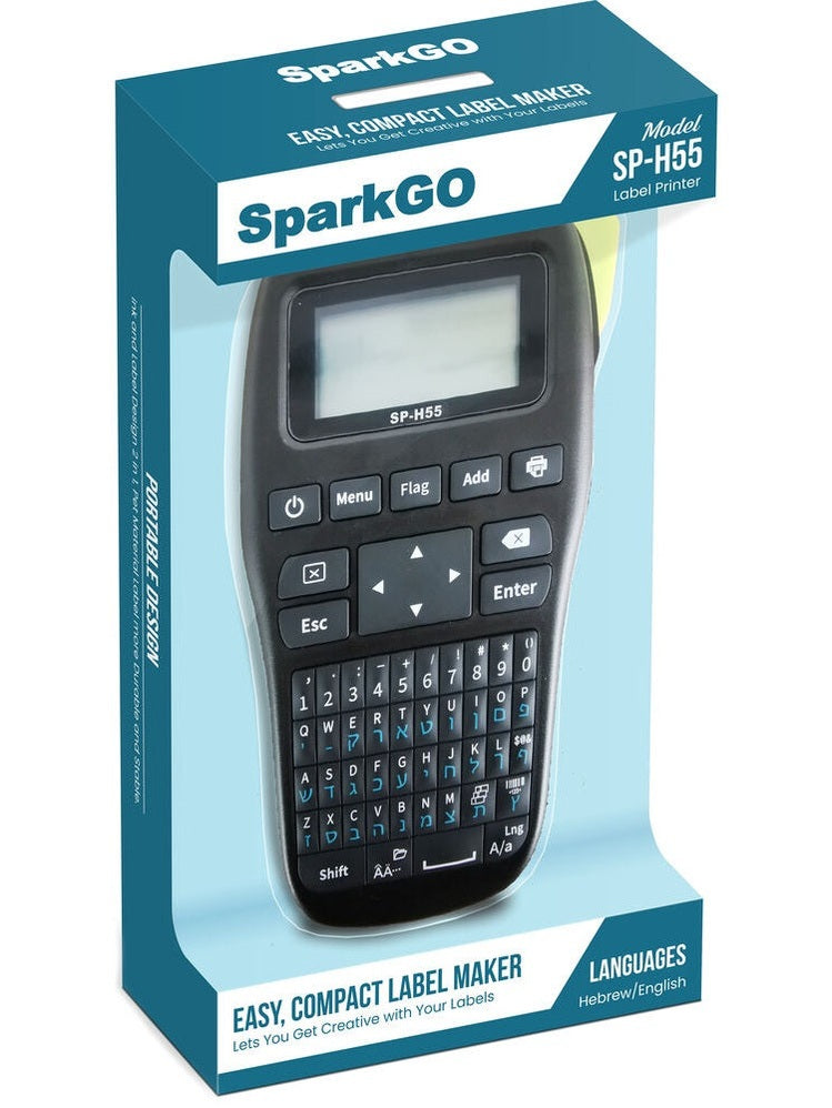 SparkGo Label Maker Handheld Labeler with Backlit LCD, SP-H55 English & Hebrew Thermal Transfer Inkless Pocket Printer, Portable, Lightweight QWERTY Keyboard, One-Touch Keys