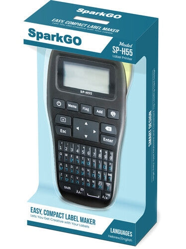 SparkGo Label Maker Handheld Labeler with Backlit LCD, SP-H55 English & Hebrew Thermal Transfer Inkless Pocket Printer, Portable, Lightweight QWERTY Keyboard, One-Touch Keys
